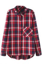 Oasap Plaid High Low Design Patch Pocket Button Down Shirt