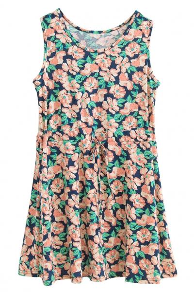 Oasap Bright Floral Print Sleeveless Drawstring Mini Dress