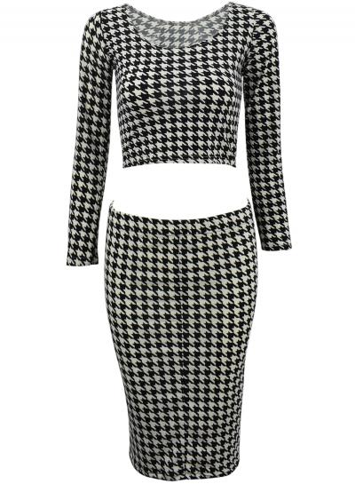 Oasap Women Houndstooth Print Crop Top Skirt Matching Sets