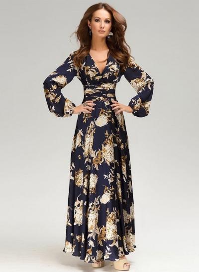 Oasap Fashion V Neck Long Sleeve High Waist Floral Maxi Dress