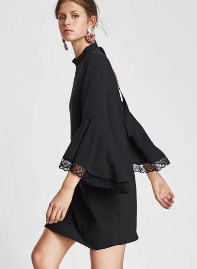 Oasap Stand Collar Flare Sleeve Lace Splicing Dress