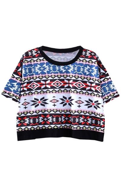 Oasap Casual Short Sleeve Printed Loose Crop Top