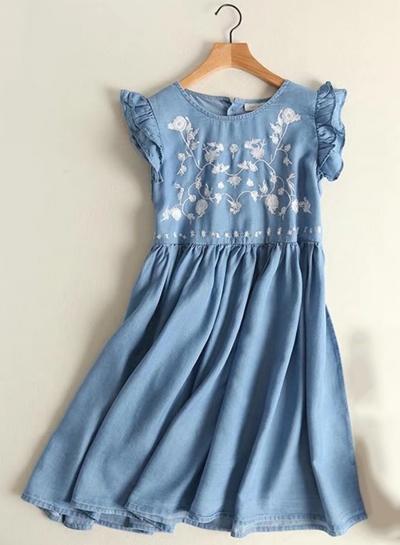 Oasap Floral Embroidered Ruffle Sleeve Denim Dress