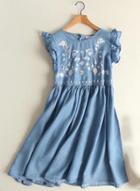 Oasap Floral Embroidered Ruffle Sleeve Denim Dress