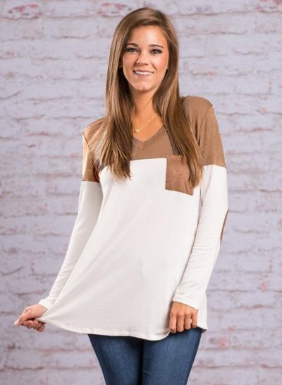 Oasap V Neck Long Sleeve Color Block Patch Tee Shirt