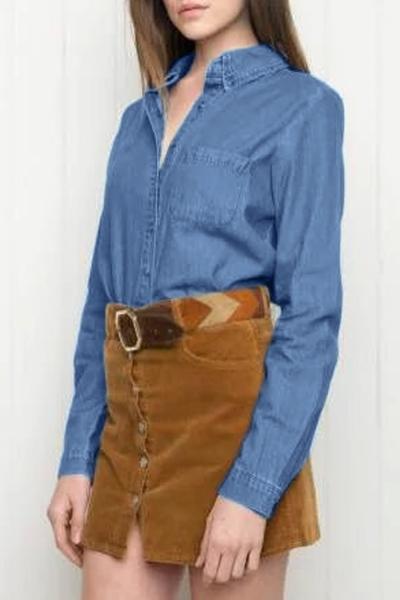 Oasap Casual Chest Pocket Button Down Denim Shirt