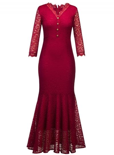 Oasap V Neck 3/4 Sleeve Button Down Lace Prom Dress