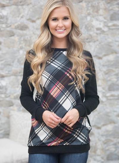 Oasap Round Neck Long Sleeve Plaid Splicing Pullover Sweatshirt
