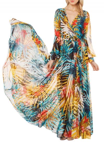 Oasap Women Fashion V-neck Long Sleeve Tie Waist Printed Maxi Dress