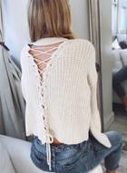 Oasap Flare Sleeve Back Lace Up Loose Knit Sweater