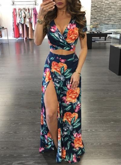 Oasap Floral V Neck Crop Top Hgih Slit Maxi Skirt Set