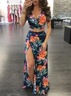 Oasap Floral V Neck Crop Top Hgih Slit Maxi Skirt Set