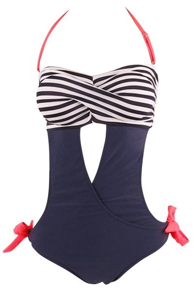 Oasap Color Block Striped Print Cut-out Front One Piece Swimsuit