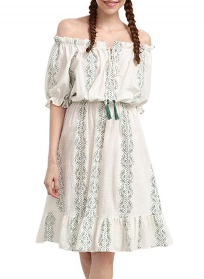 Oasap Women's Casual Off Shoulder Short Sleeve Elastic Waist Dress