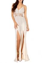 Oasap Halter-neck Lace Paneled Split Jumpsuit