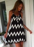 Oasap Backless Wave Printed Tassel Hems Mini Dress