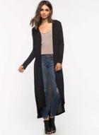 Oasap Solid Color Open Front Knit Long Hooed Coat