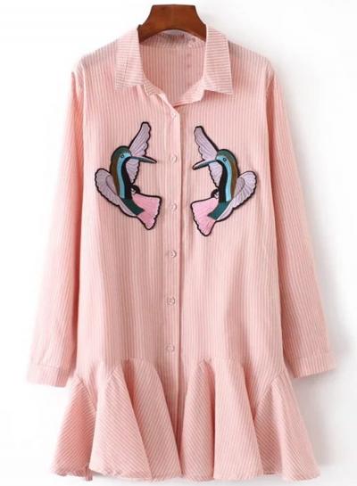 Oasap Turn-down Collar Long Sleeve Bird Embroidery Striped Dress