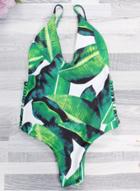 Oasap Jungle Print Plunge Neckline Open Back Swimsuit