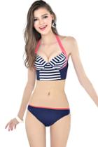 Oasap Halter Color Block Striped Print Bikini Swimsuit