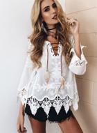 Oasap Bohemian V Neck Lace Up Embroidery Hollow Out Blouse