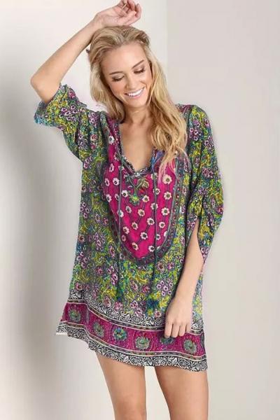 Oasap Retro Baroque Print Lace-up Front Chiffon Dress