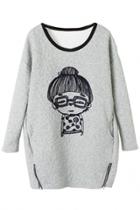 Oasap Cute Zipper Deco Doll Print Sweatshirt