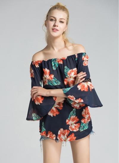 Oasap Slash Neck Floral Printed Flare Sleeve Blouses