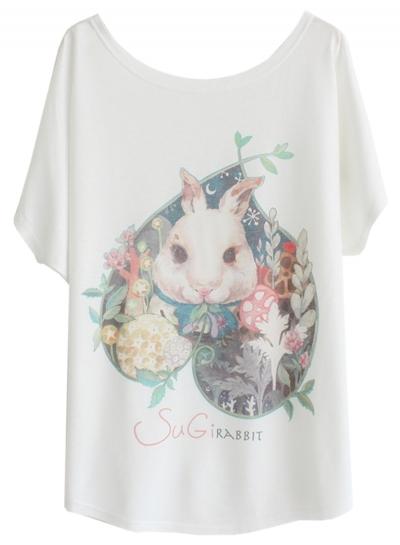 Oasap Cartoon Rabbit Printed Short Sleeve Loose Tee