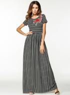 Oasap Round Neck Short Sleeve Floral Embroidery Striped Maxi Dress