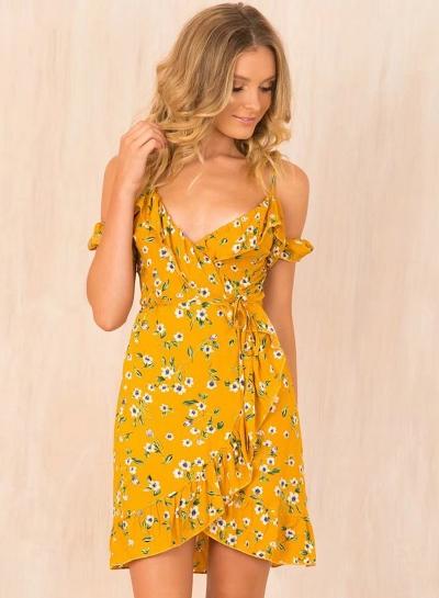 Oasap Spaghetti Strap Sleeveless Floral Printed Ruffle Dress