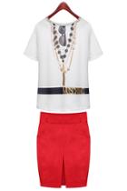 Oasap Neat White Top Red Bodycon Skirt Matching Sets