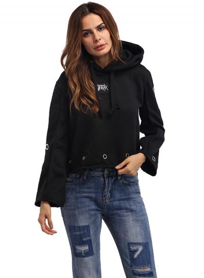 Oasap Fashion Long Sleeve Eyelet Cropped Hoodie