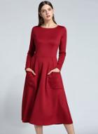 Oasap Long Sleeve Solid Color Midi Dress