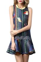 Oasap Women's Round Neck Sleeveless Bird Print Dress With Flounce Hem