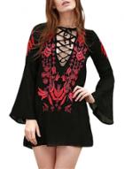 Oasap V Neck Lace Up Floral Embroidery Flare Sleeve Mini Dress