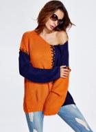 Oasap V Neck Long Sleeve Color Solicing Pullover Sweater