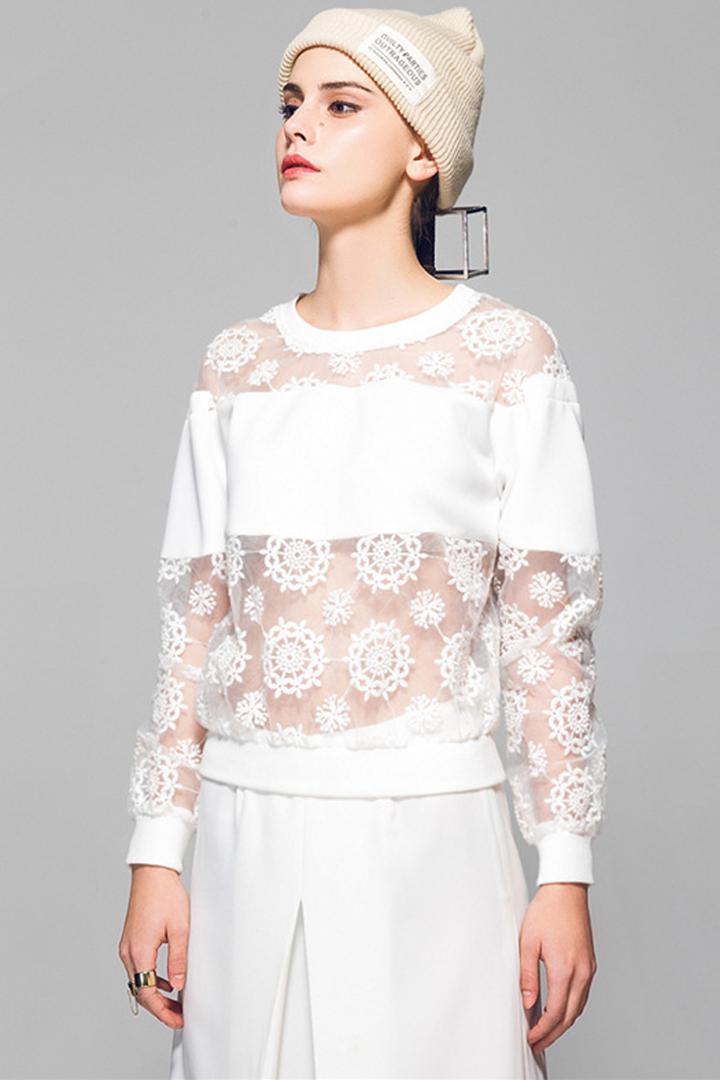 Oasap Organza Paneled Embroidered White Sweatshirt