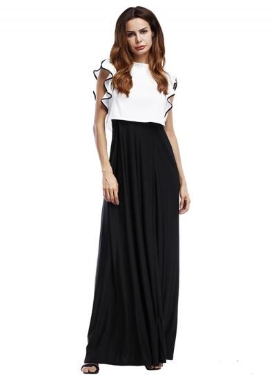 Oasap Contrast Color Ruffle Sleeve Maxi Dress