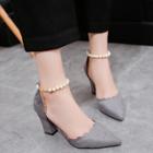Oasap Pointed Toe Slip-on Sequin Pumps Pearls Heels