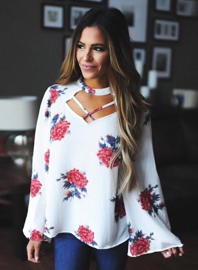 Oasap Choker V Neck Floral Print Blouse