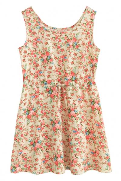 Oasap Coral Floral Print Sleeveless Drawstring Mini Dress