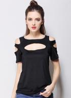 Oasap Off Shoulder Short Sleeve Cut Out Solid Tee