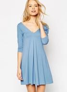 Oasap Solid V Neck Backless 3/4 Sleeve Pleated Dress