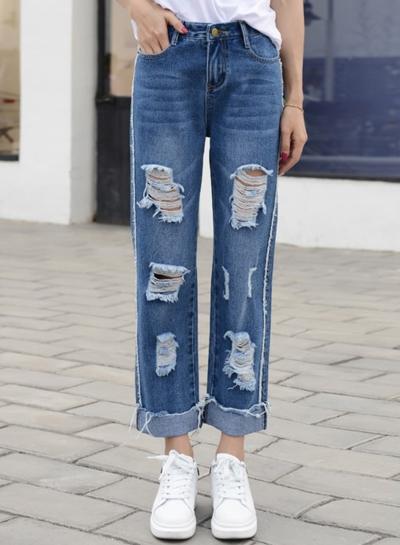 Oasap Denim Broken Hole Loose Pants