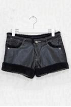 Oasap Contrast Faux Leather Denim Shorts With Shearling Trims