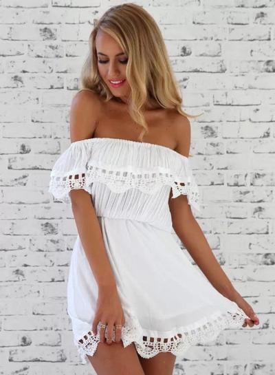 Oasap Solid Lace Off Shoulder Ruffle Mini Dress