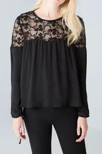 Oasap Crochet Lace Paneled Chiffon Blouse