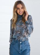Oasap High Neck Long Sleeve Floral Chiffon Blouse