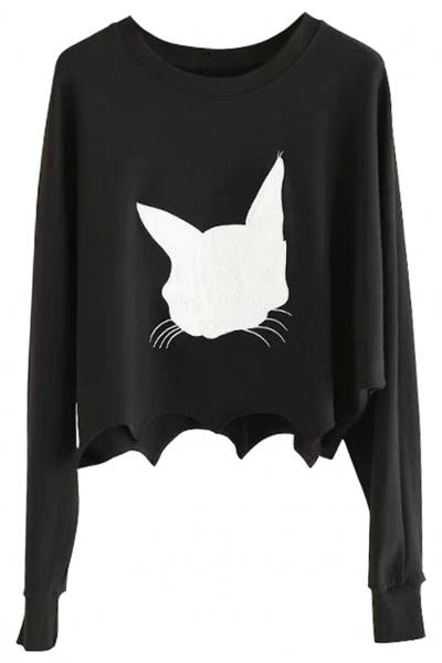 Oasap Street-chic Cat Print Crop Sweatshirt
